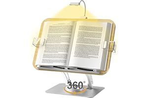Book Stand for Reading,KVRG Adjustable Book Stand with Light,360° Rotating Metal Base,Foldable Cookbook Stand,Reading Hands Free with Page Clips for Recipe,Textbook,Laptop-Oak（3CCT & CRI 90）