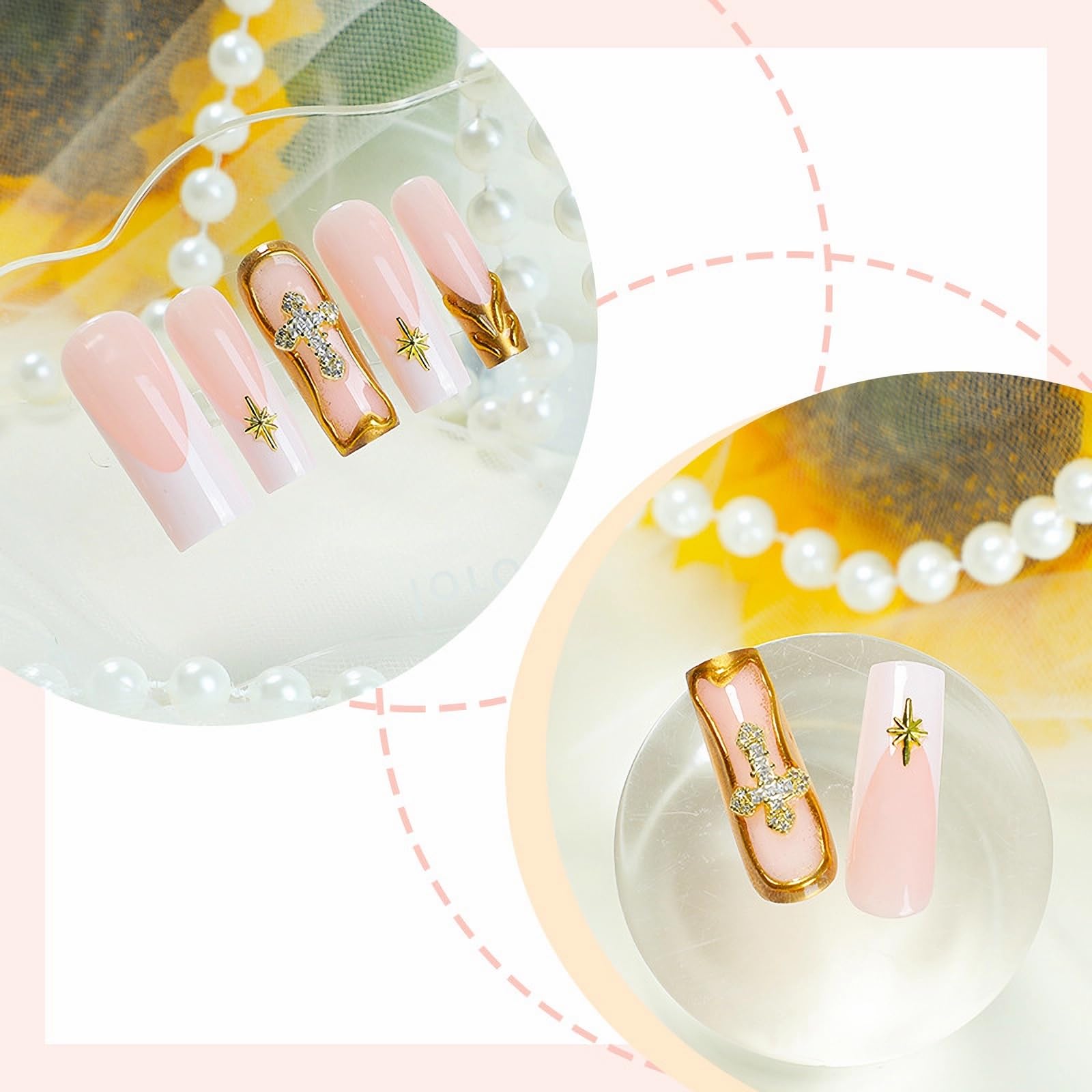 MISUD Press on Nails Long Square Fake Nails Glossy Glue on Nails 3D Gold French Tip Acrylic Nails Squoval Artificial Nails Cross Rhinestone Stick on False Nails with Design 24 pcs - Image 3