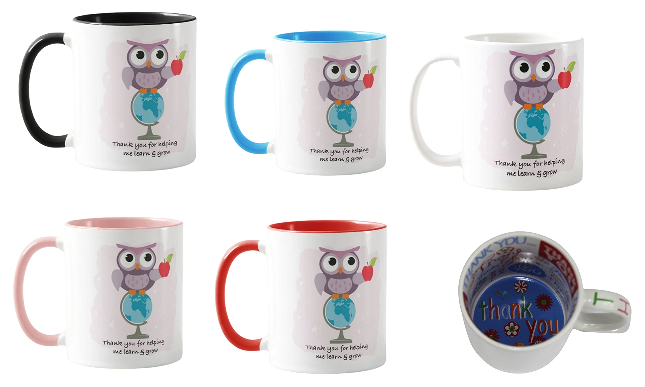 Vixar Teacher Owl Mug, Thank You for Helping me Learn & Grow Teacher Gift from Kids, School Gift, end of Year, Pink Design (Black)