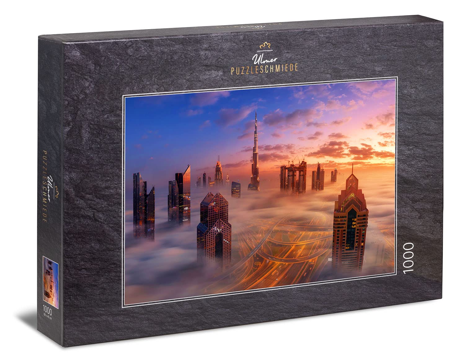 Ulmer Puzzleschmiede - Puzzle "Dubai Awaken" - Classic 1000 piece puzzle with modern city motif - the spectacular skyline of the city of Dubai with its skyscrapers in the morning fog