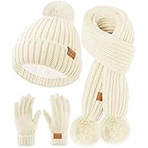 Kids Winter Hat Scarf Gloves Set - Girls Boys Fleece Lined Beanie Hat with Pom Knit Scarf Warm Mittens for Children