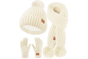HAVCCDI Kids Winter Hat Scarf Gloves Set - Girls Boys Fleece Lined Beanie Hat with Pom Knit Scarf Warm Mittens for Children