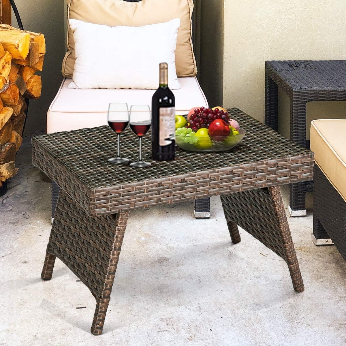 GOFLAME Wicker Table Patio Outdoor Poolside Garden Lawn Bistro Foldable Portable Leisure Standing Coffee Side Table, Espresso Brown: Kitchen & Dining