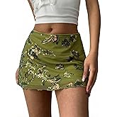 DERAX Sequin Mini Skirt Mesh Glitter Sparkly High Waist Vacation Clubbing Floral Short Skirts Green S