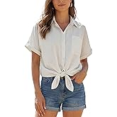 Beninos Women's Casual Loose Fitting Button Down Shirt Summer Short Sleeve Oversized Linen Shirt
