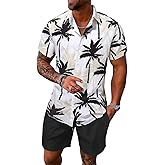 Yimoon Men's Summer 2 Piece Outfits Tropical Print Short Sleeve Button Down Hawaiian Beach Shirt and Shorts Set
