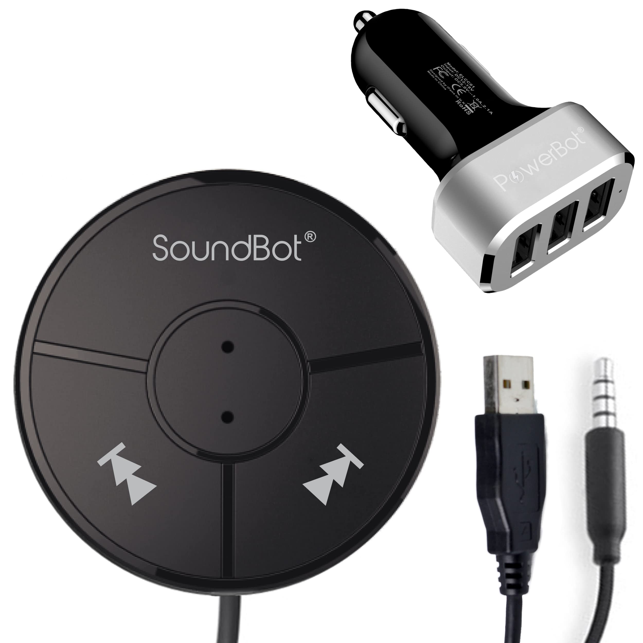 Soundbot SB360 Bluetooth Car Kit Wireless Universal Receiver Transmitter Hands-Free Talking & Music Streaming Dongle w/ 10W Dual Port 2.1A USB Charger + Magnetic Mounts + Built-in 3.5mm Aux Cable