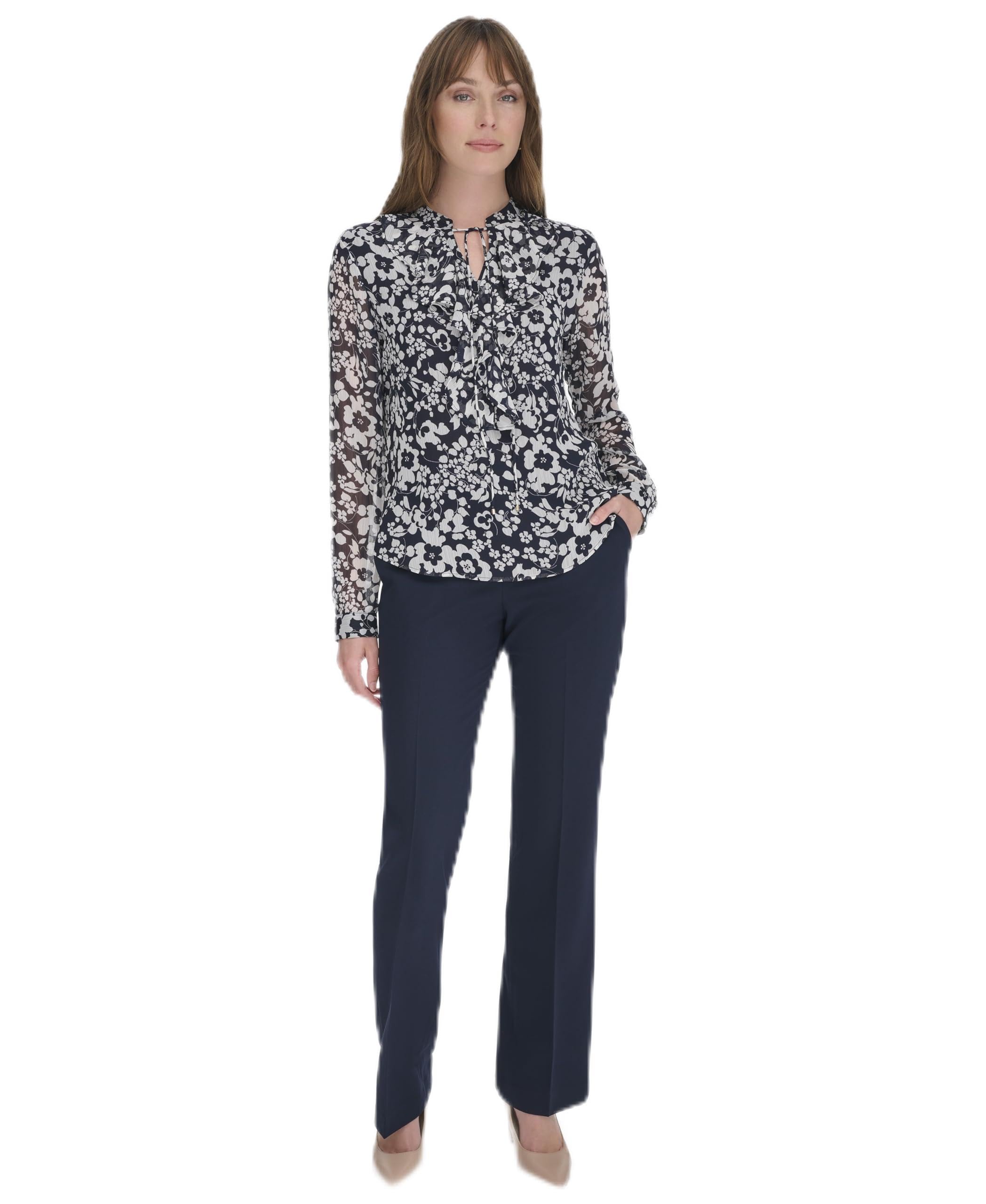Tommy Hilfiger Womens Printed Long Sleeve Floral Top, Midnight/Ivory, X-Large