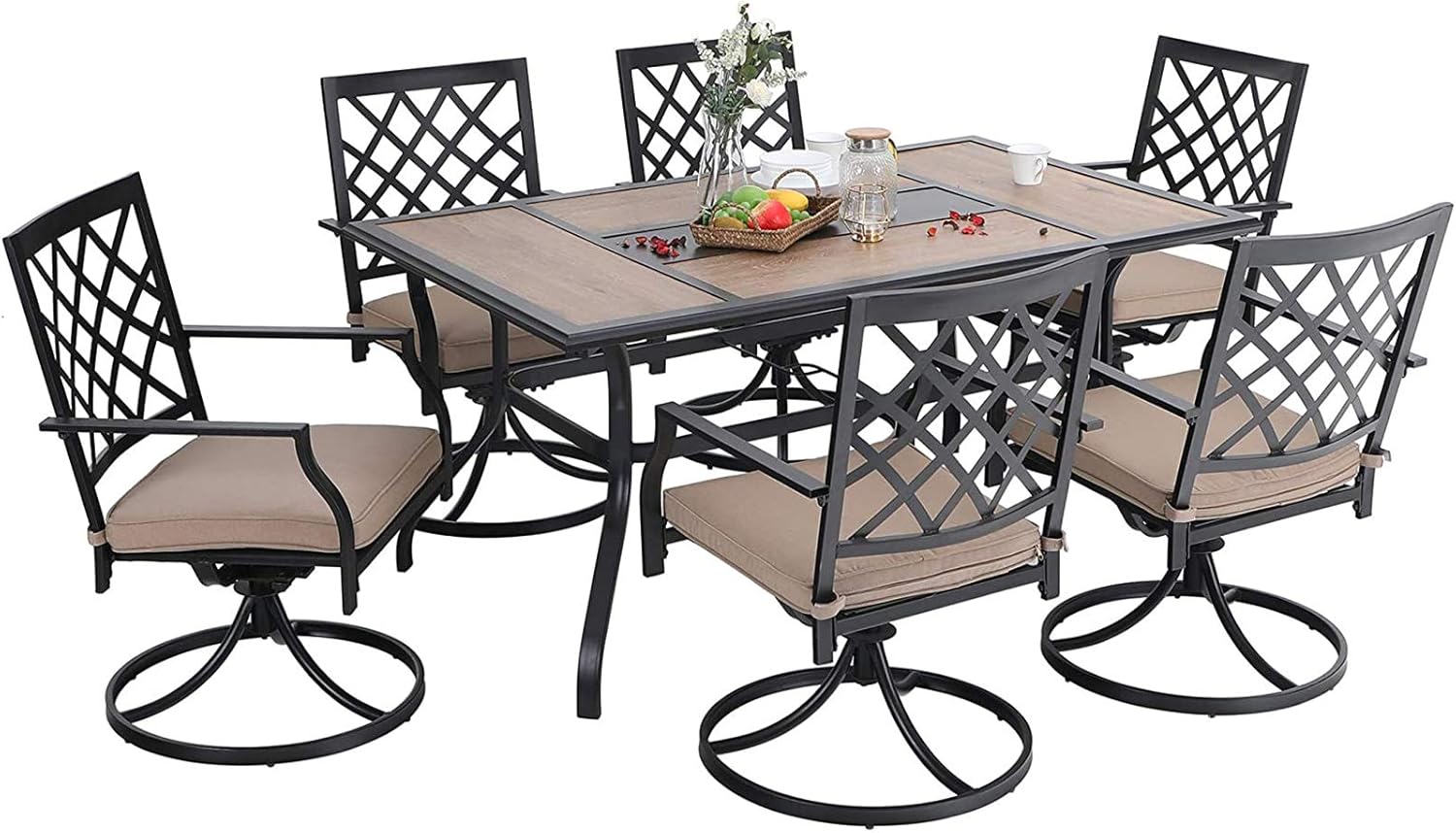 MFSTUDIO 7PCS Patio Dining Set, Large Rectangular Wood Like