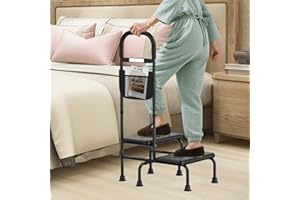 FAMIHEALTH 2 Step Stool with Handle for Elderly Heavy Duty Bed Steps for High Beds for Adults Two Step Stools for Seniors with Adjustable Handrail Non-Skid Platform LED Light Foot Stool for Kitchen Bathtub