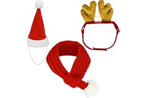 Lystaii 3pcs Cat Christmas Costume Set Cat Santa Hat with Scarf Muffler Head Wear Accesories Puppy Dog Santa Hat Xmas Reindeer Hat Knit Red Scarf Dog Winter Neck Warmer for Pet Dog Cat Party Dressup