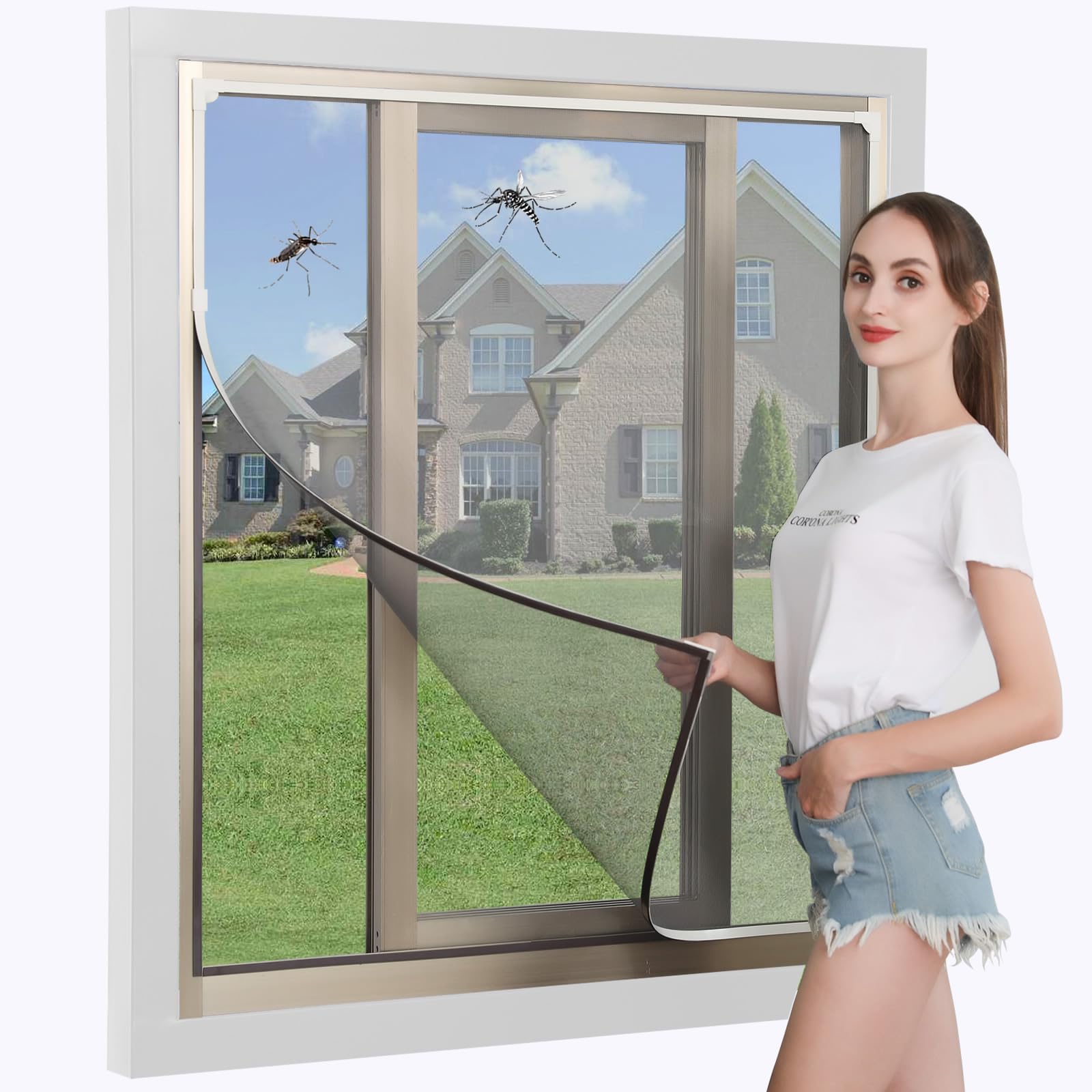 DIY Magnetic Window Screen, Adjustable Window net ，White Frames Grey Fiberglass Mesh 61''X59''(155X150cm)