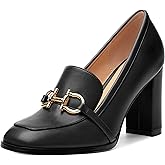 WEANDWEI Women's Loafers - Square Toe High Heels Shoes for Women, Metal Buckle Fashion Women's Pumps Shoes for Party Dress Wedding Office