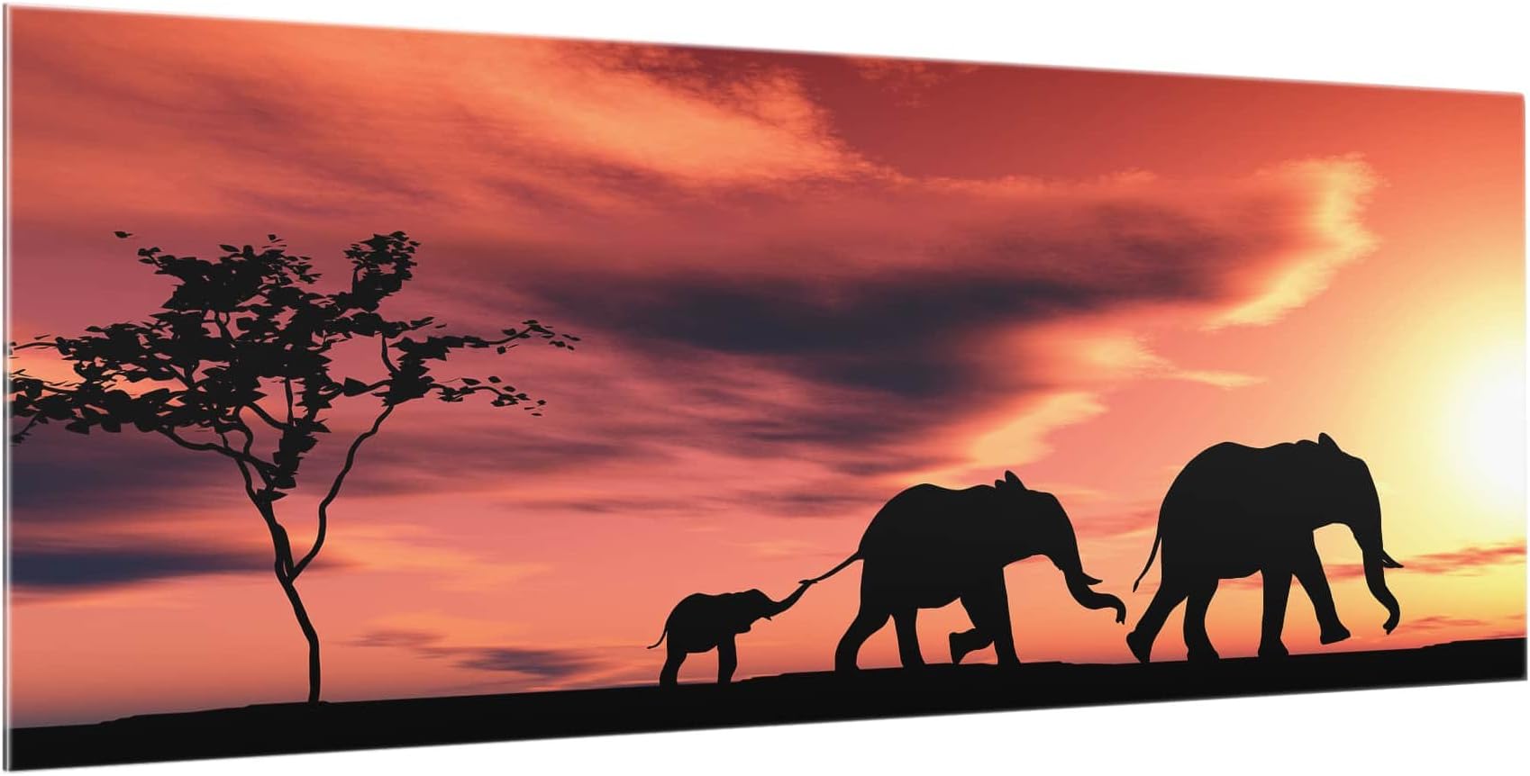 Bilderwelten Glass Splashback - Savannah Elephant Family - Panoramic, Backsplash Cooker Splashback Protector Panel Decorative Splashback Panel, Dimension HxW: 40cm x 100cm