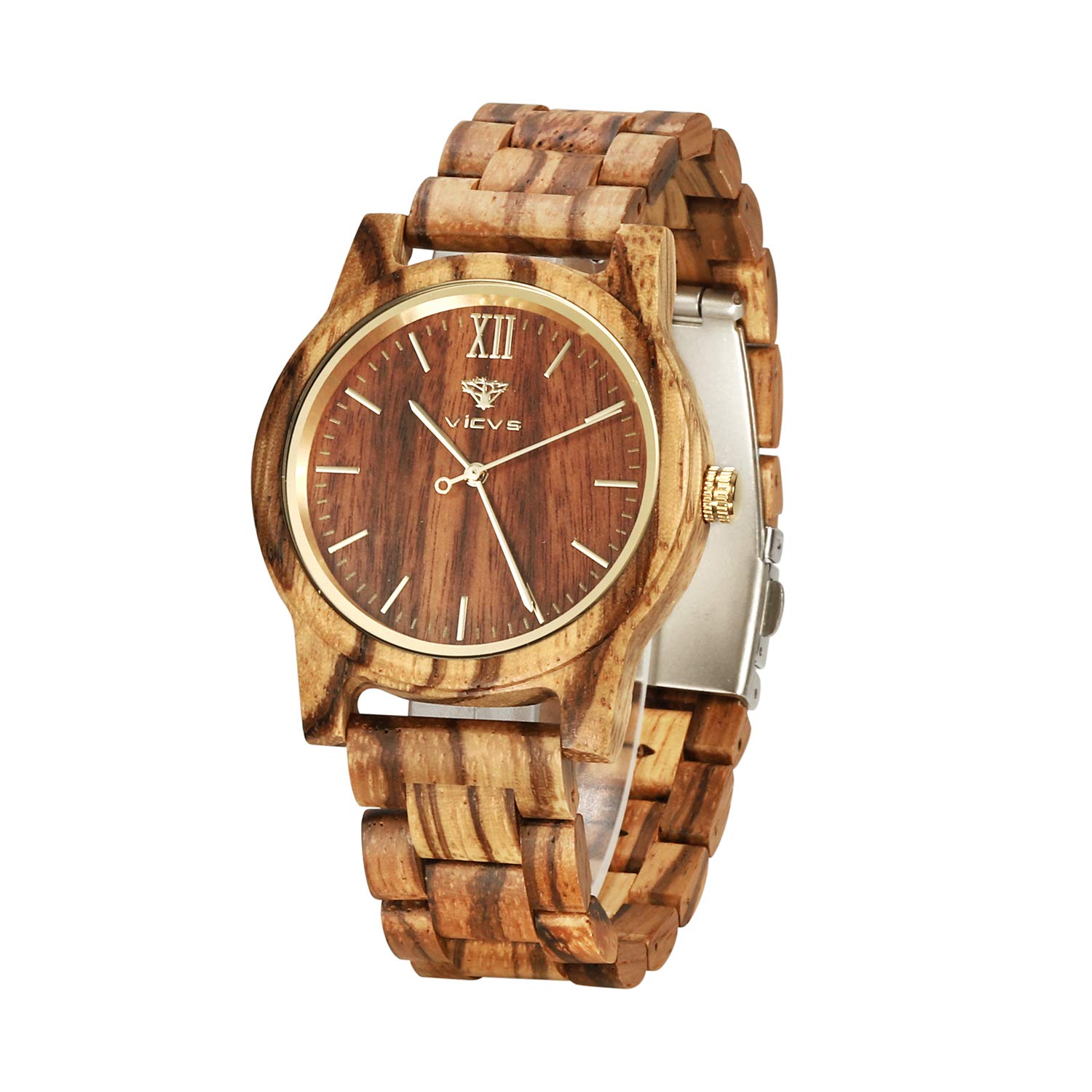 VICVS Wooden Watches for Men and Women, Natural Walnut/Olive Wood Japanese Quartz Chronograph, Adjustable Strap, Military Sports and Leisure (Zebra) — image 1