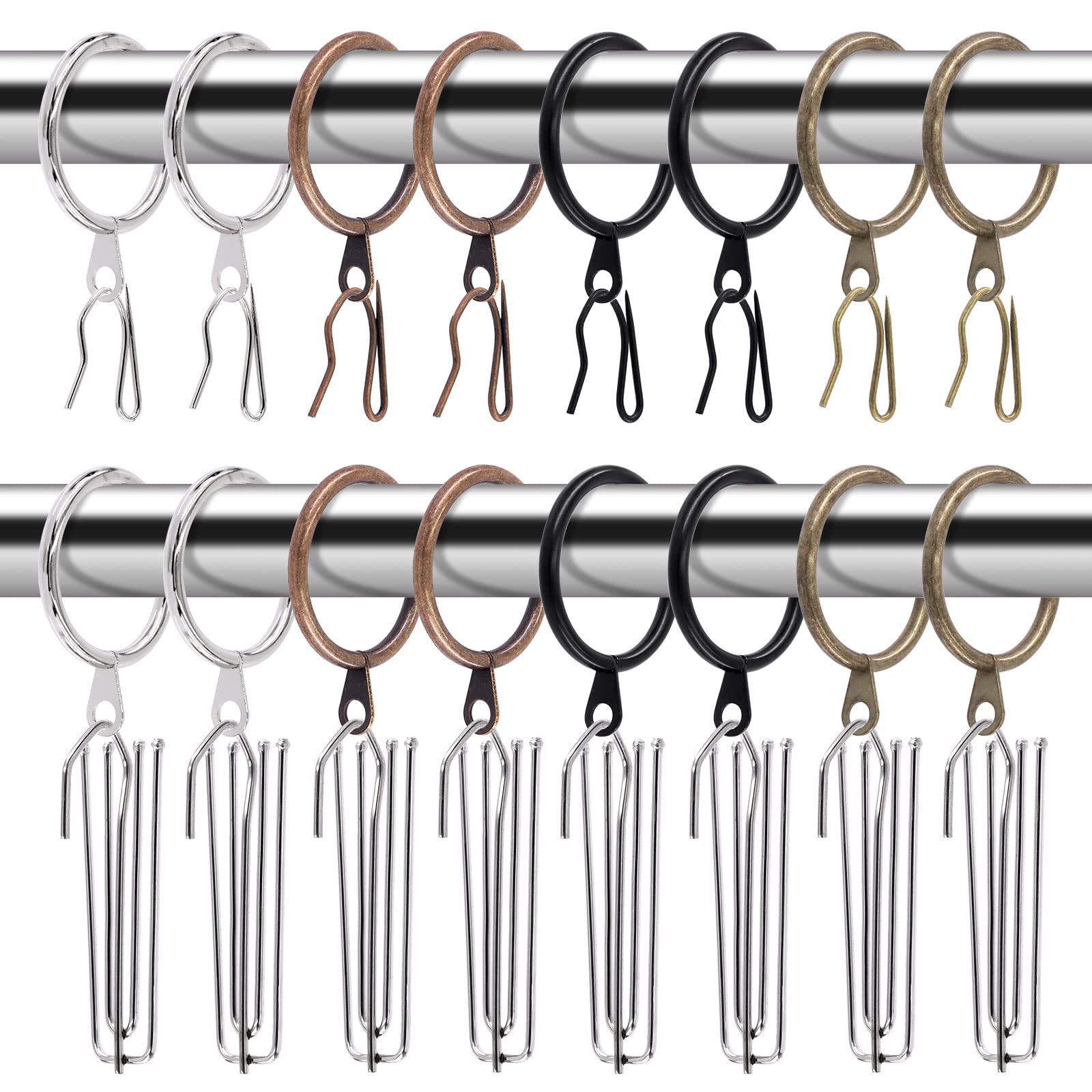 Glarks 120Pcs Antique Bronze Metal Drapery Curtain Hanging Rings with Stainless Steel 4 Prongs Curtain Pleat Hooks and Curtain Pin Hooks for Window Door Bathroom Curtain, 30mm Internal Diameter