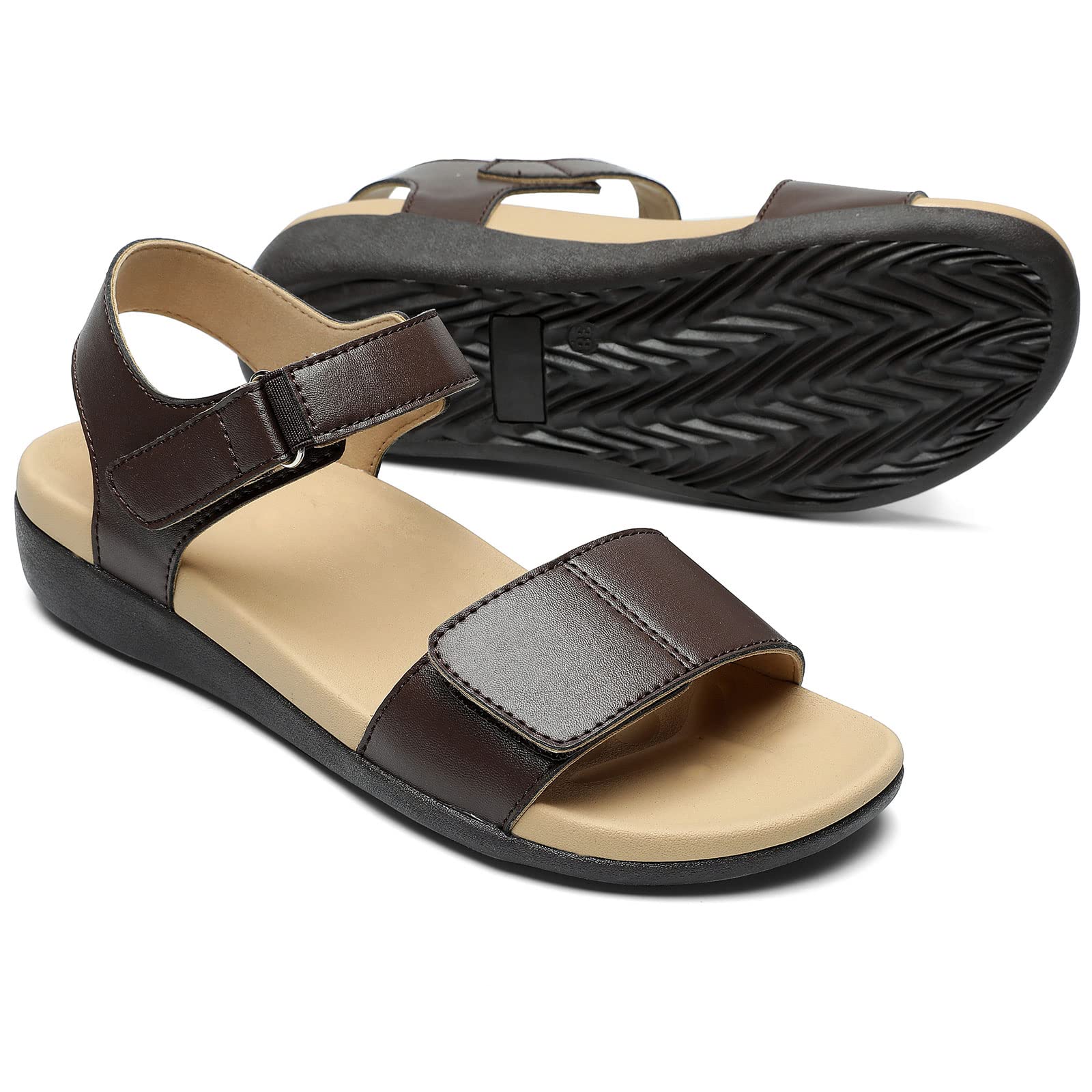Bigfanshu Women's Open Toe Wedge Sandals - Black Leather Gladiator Casual Shoes