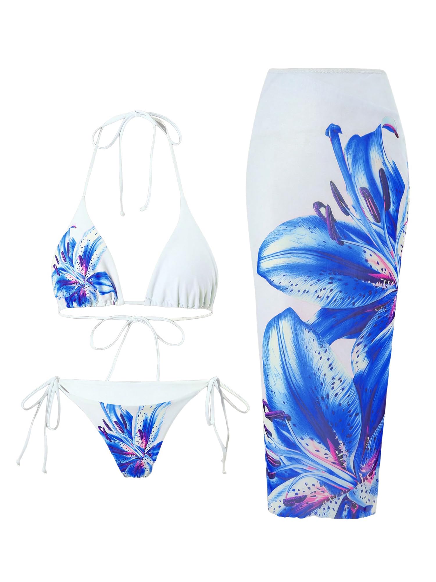 ZAFUL Womens 3pcs Swimsuit Floral Halter Triangle Bikini Top Tie Side ...