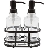 3 Piece Round Heavy Weight Glass Soap Lotion Pump Dispenser Set with Metal Caddy for Home Bath Kitchen Travel Office Hand Crafted Metal Tray Oil Rubbed Bronze