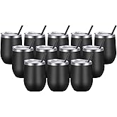 VEGOND Wine Tumblers Bulk 12 Pack, 12oz Stainless Steel Stemless Wine Glass with Lids and Straws, Double Wall Vacuum Insulated Tumbler Cup, Coffee Mug for Cold Hot Drinks