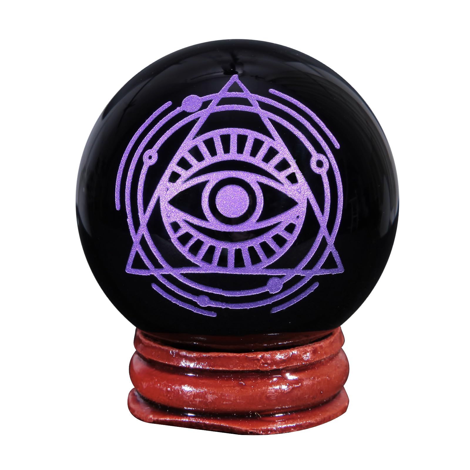 mookaitedecor Engraved Eye of Life Symbol Black Obsidian Crystal Ball Sphere Ornament with Wooden Stand, Healing Crystal Stone Wiccan Witchcraft Gifts Reiki Spiritual Room Desk Decor(Purple)