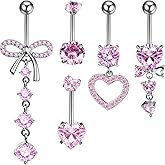 OIDEA Belly Button Rings for Women: 5PCS 14G Cute Pink CZ Rhinestone Heart Shape Surgical Steel Hanging Dangle Curved Navel Rings Belly Button Body Piercing Jewelry Set