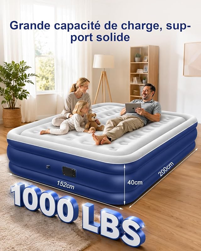 Matelas Gonflable 2 Personnes,200x152x40cm,2600mAh,Charge Max 450kg