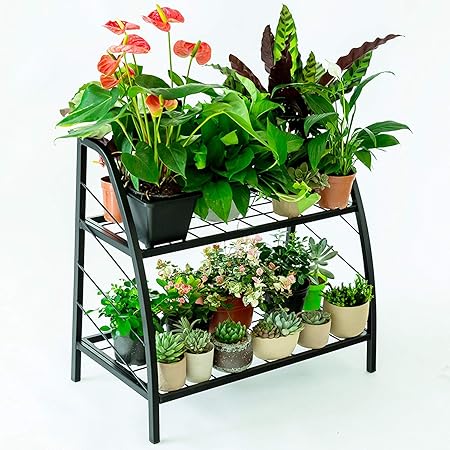 INDIAN DECOR. 6111 TwoTiered Indoor Outdoor Plant Stand, Plant Rack Shelf Holder, Patio or Garage Storage Rack, Shoe Organizer, Black Metal Frame, 2-Tier