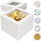 TLAZZ 15 Pcs 10x10x8 Inch Tall Cake Boxes with Window, White Square Cheesecake Bakery Boxes, Large Cardboard Cake Baking Boxes with 90 Stickers for Cakes, Pies, Wedding, Birthday Party