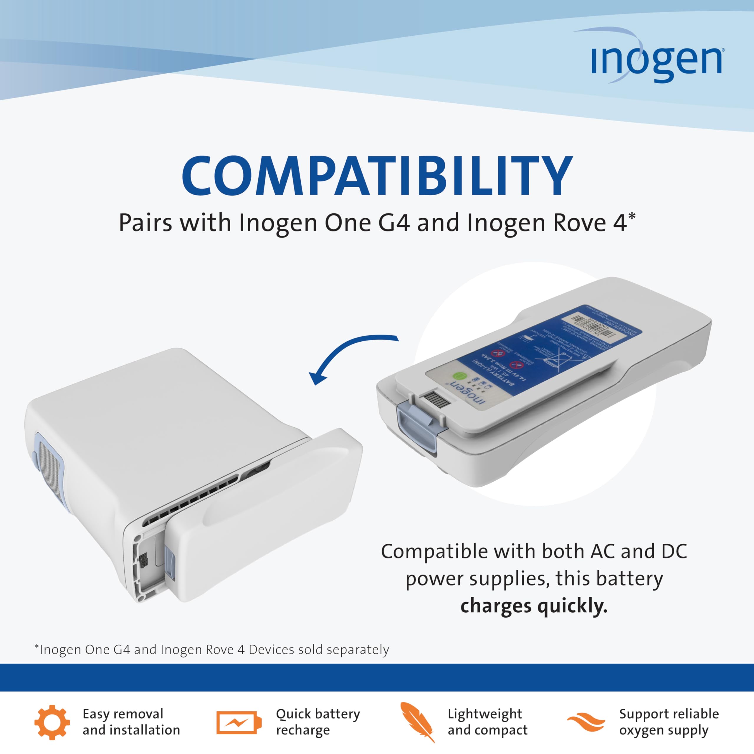 Inogen Standard (4-Cell) Battery – for The Rove 4 One G4 – Up to 2 Hours, 30 Minutes of Life on Setting 1-0.6 lb. and 5.91 x 2.68 x 0.7 in.