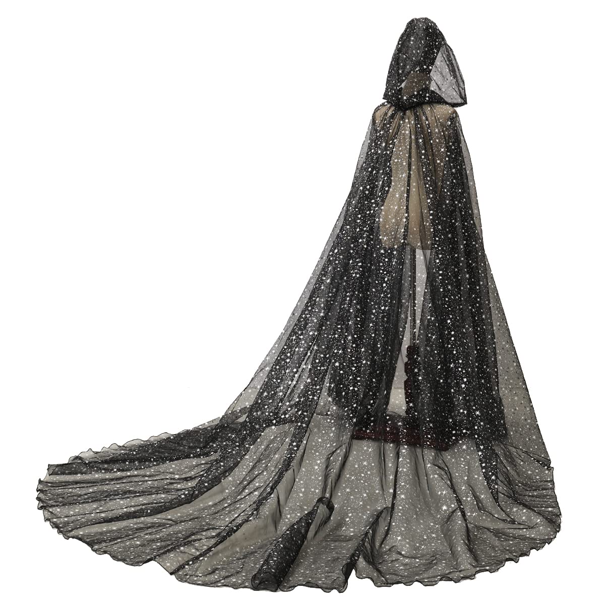 GRACEART Women Wedding Hooded Tulle Cape Shiny Bridal Dress Elf Cloak Robe with Long Back Train — image 1