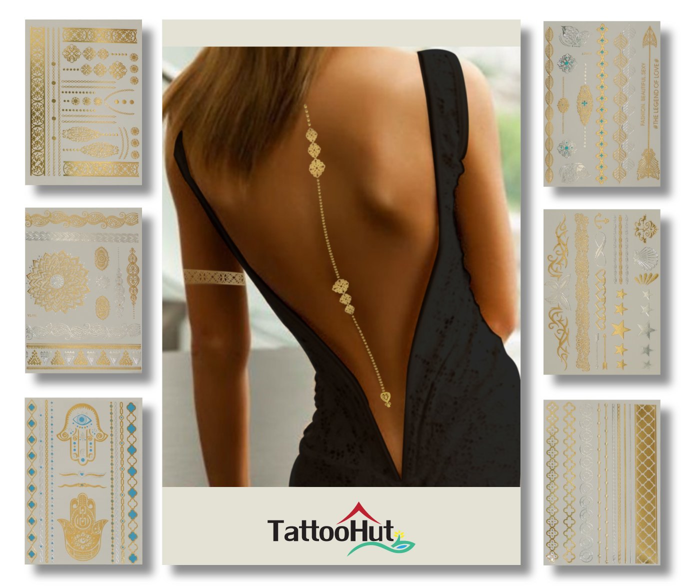Tattoos - Gold Henna Beautiful Deluxe Quality Flash Tattoo Jewelry (100+) Mehndi Mandalas Hearts Star Butterfly Boho Arm Bands Back Lines Bracelets Holiday Party Sparkle Temporary Body Art (Sexy Glam)