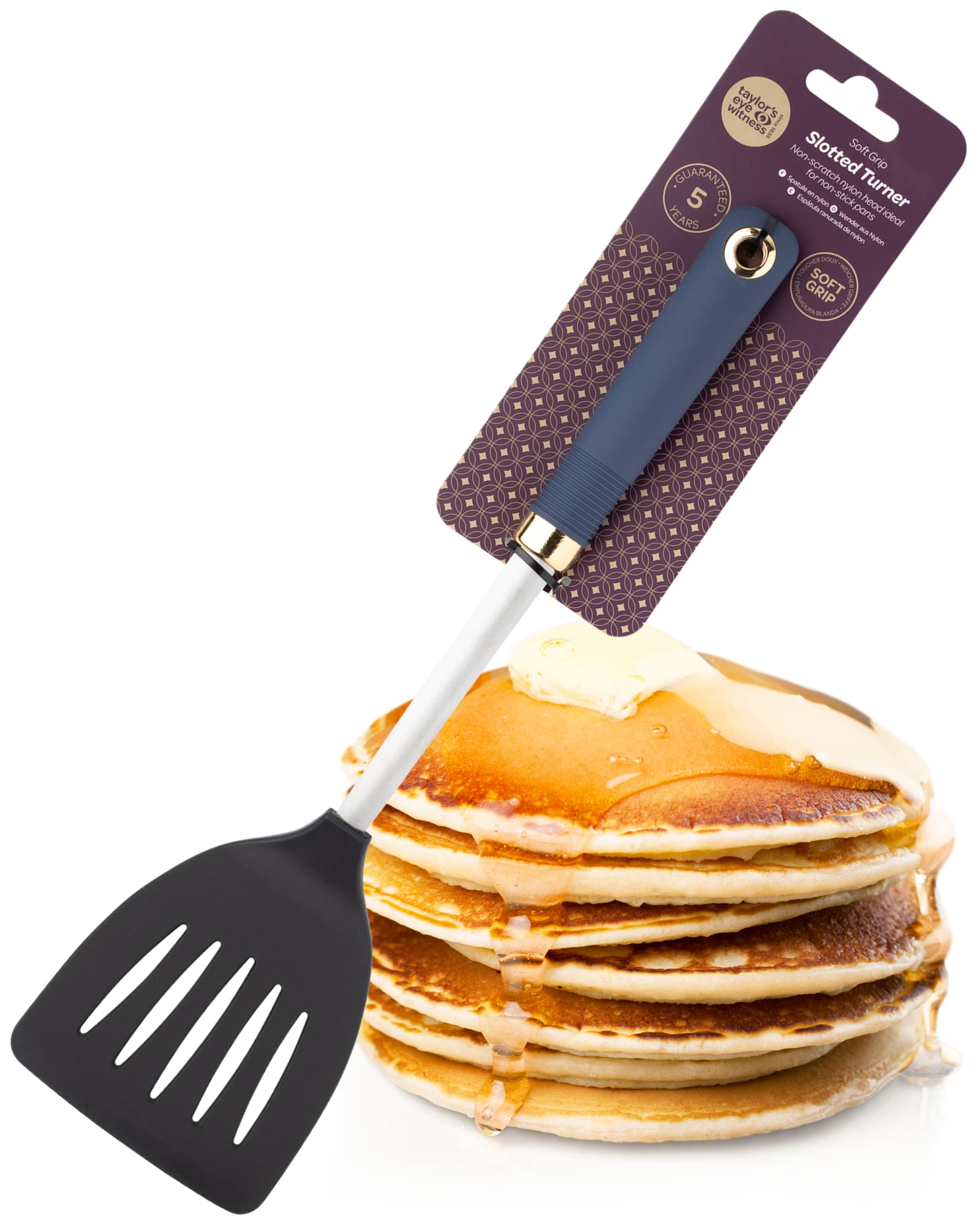 Nylon Head Slotted Spoon Utensil - Non-Scratch for Non-Stick Pans, Heat Resistant, Ergonomic Soft Grip Handle. Kitchen Tool with Gold Coloured Hanging Hook. 5yr Guarantee, Sleek Blue and Gold Design