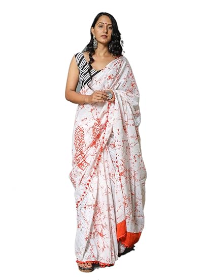 White Cotton Hand Block Printed Saree with Blouse