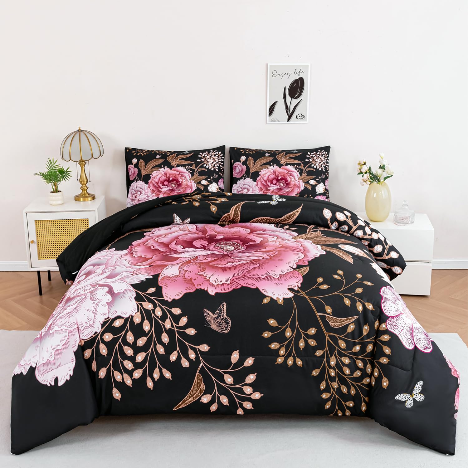 Photo 1 of (bagged) (used/fair) (partial set) ANGIYUIN Black Pink Queen Size Comforter with Floral Pattern and Gold Leaves - Lightweight Farmhouse Bedding Set with Pillowcases