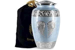 EVERGREEN MEMORIALS Cremation Urns for Human Ashes Adult Female and Male – Decorative Large Burial Funeral Urn with Angel Wings Design, Sky Blue