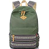 mygreen Kawaii Girls Backpack for School - Lightweight Canvas Backpack for Teens Ages 8-12, Fits 15 Inch Laptop, Cute Boho Floral Design, Durable & Comfortable Army Green