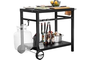 Royal Gourmet Dining Cart Table with Double-Shelf, Movable Stainless Steel Flattop Grill Cart, Hooks, Side Handle, Multifunctional PC3401B (Black)