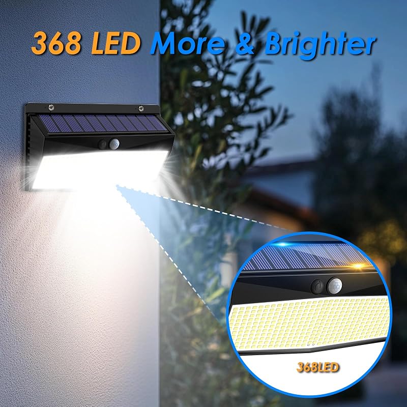 Luz Solar LED Exterior Jardin 368LED Luces Solares con Sensor de Movimiento, IP65 Impermeable Focos LED Exterior Solares, Superbrillante Lamparas Solares-2 Paquete