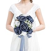 DIYDOFUN Wedding Bouquet for Bride - Premade Simple Artificial Roses Flowers for Bridal Shower Destination Ceremony Anniversary Decorations (Navy Blue & White)