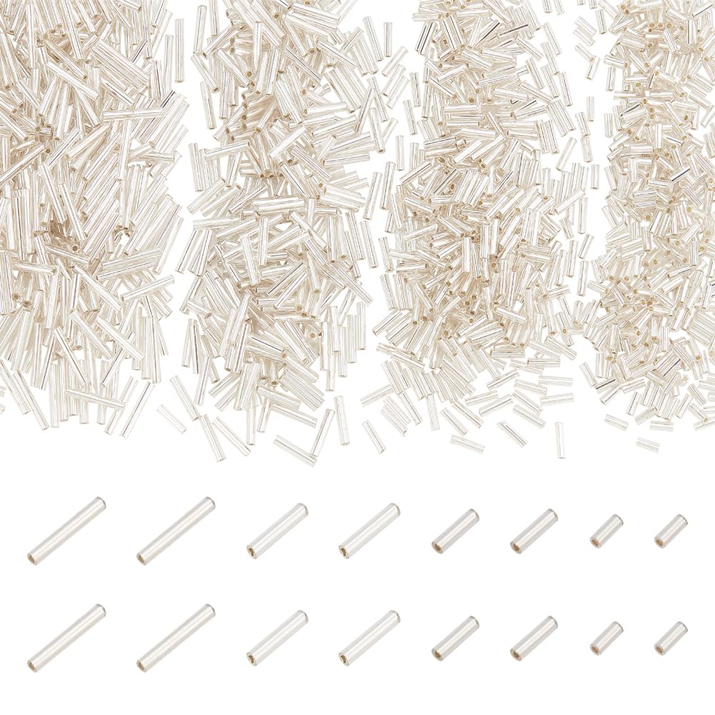 PH PandaHall 1600pcs 4 Sizes Bugle Beads, 5/6/9/12x2mm Long Tube Beads Metallic Glass Loose Spacer Bead with 0.5mm Hole Craft Bead for DIY Bracelet Necklace Jewellery Making Beading Sewing, Silver
