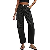 Eddoyee Barrel Jeans Women Cargo Ankle Pants Casual Wide Leg Baggy Denim Pants High Waist Trousers Stretchy with 6 Pockets