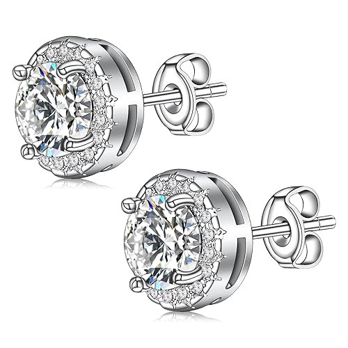 SEUMOO Silver Diamond Earrings For Women, 6.5mm 1CT Cubic Zirconia Earring Cubic Zirconia Diamond Stud Earring Sparkly Solitaire Earrings for Girl