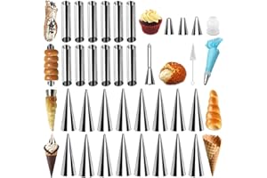 VolksRose Set of 35 Cream Horn Mold, Cannoli Forms Tubes Kit, Stainless Steel 16pcs Cone Shaped and 12pcs Tubular Shaped Baking Molds for Danish Pastry Lady Lock Form Cream Roll Croissant
