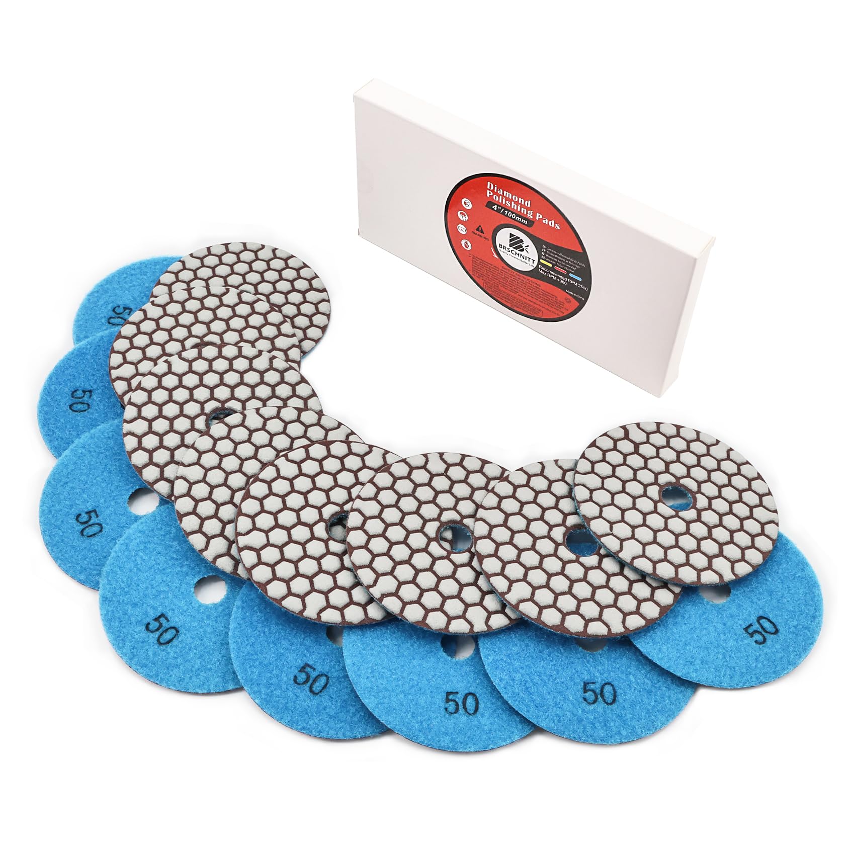 BRSCHNITT Dry Diamond Polishing Pads Set 4 Inch Grit 50 - Dry Polish Pad Kit 8pcs for Granite Marble Concrete Quartz Marble Floor Polishing