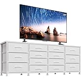 DRAWERHOM 63 Inch TV Stand Dresser for Bedroom, Long White Dresser with 14 Fabric Drawers for 65 70 75 Inch TV, Entertainment Center with Storage Media TV Console Table