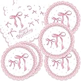 40pcs Pink Bow Birthday Decorations Coquette Party Supplies Pink Bow Dessert Plates and Napkins for Girls Bachelorette Decor,Suitable for 20 Guests