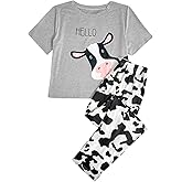 WDIRARA Women's Cow Graphic Print Sleepwear Round Neck Short Sleeve Tee and Pants Pajamas Set