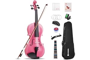 Vangoa Violin 3/4 Size Full Set, Pink Fiddle Acoustic Violin for Beginners Adults Teens Grils Students Kids 9-12, Violin Starter Pack with Hard Case, Rosin, Mute, Tuner, Note Stickers, Strings