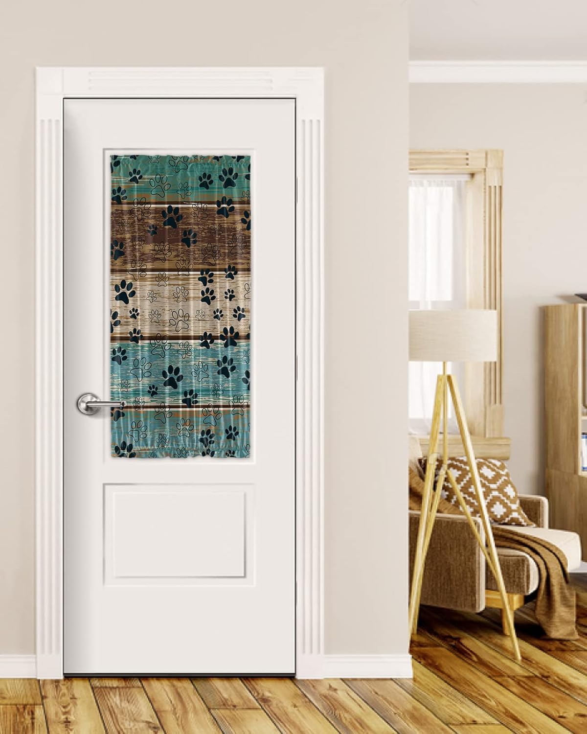 Outdoor Curtains - OComster Dog Paws Prints Blackout Door Curtains for Door Window, Rustic Teal French Door Curtains, Turquoise Wooden Window Curtains for Patio Door/Sidelight Door, 1 Panel with Tieback, 25 x 40 Inches